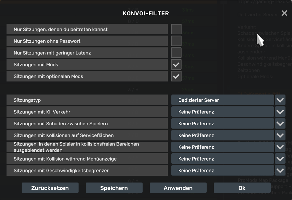 Konvoi-Filter: Dedizierter Server und Mods/optionale Mods